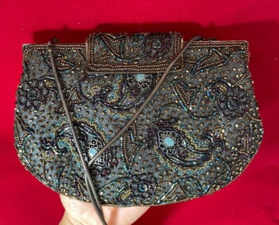 Vintage Fancy Saks 5th Avenue Green Purple Beads Clutch
