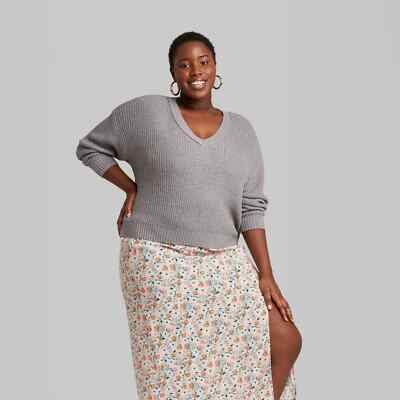 Wild Fable Women's V-Neck Rib Knit Pullover Sweater Gray Size XL
