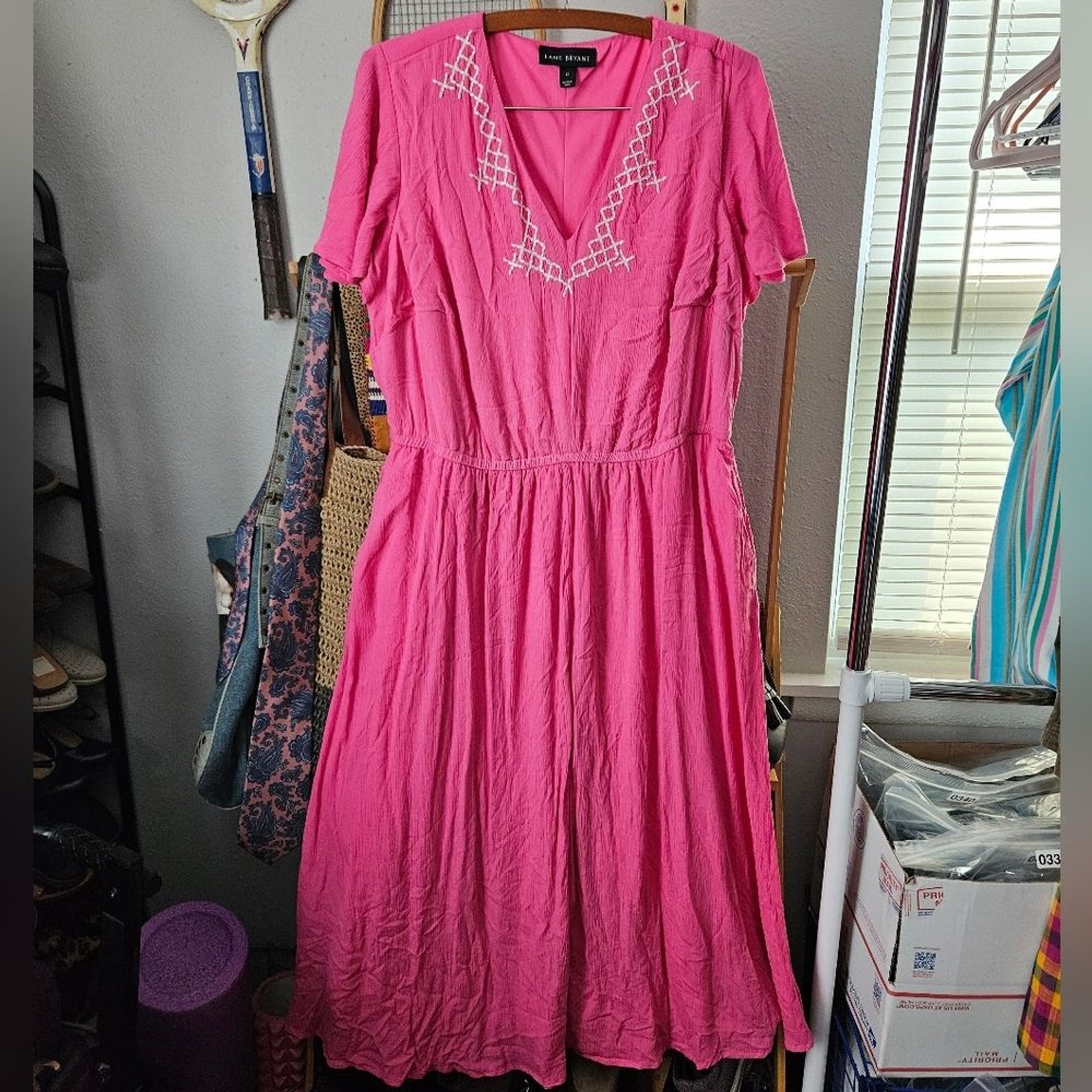 Lane Bryant Bright Pink Dress long midi lined embroidered fit