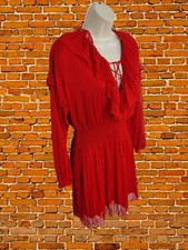 ZARA RED DRESS MEDIUM WOMENS LONG SLEEVE LACE UP SHEER FRILL CINCHED WAIST SHORT