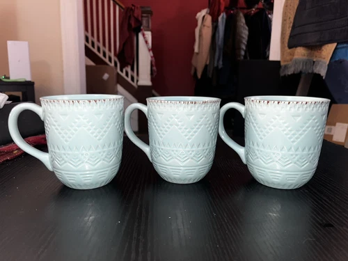 Pfaltzgraff Stoneware REMEMBRANCE Teal Aqua Coffee Mug 3 Cups Embossed