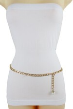 Women Skinny Waistband Fashion High Waist Hip Belt Gold Metal Chain Pearl XS S M