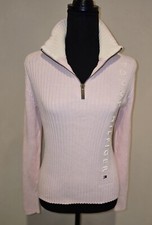 Tommy Hilfiger Sz L Light Pink Cotton Sweater Logo Embroidery Ribbed Stretch