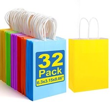 32 Pieces Paper Gift Bags Kraft Paper Party Favor Bags Bulk with Handles 6 Color