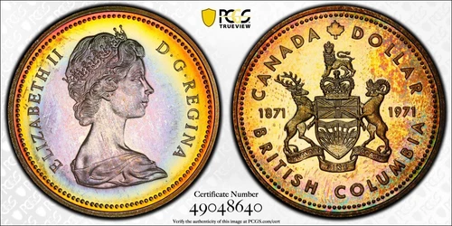 SP67 1971 $1 Canada Silver BC Commem Dollar, PCGS Trueview- Pretty Rainbow Toned