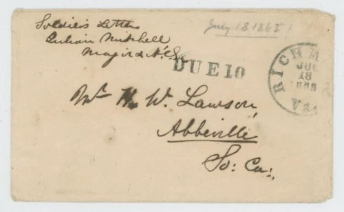 Mr Fancy Cancel CSA STAMPLESS COVER SOLDIER LETTER RICHMOND CDS DUE 10 CSA$100++