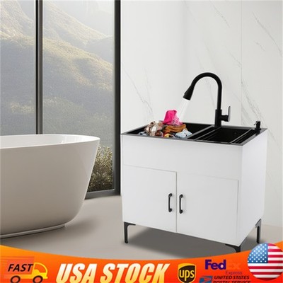 Stainless Steel Sink with Pull-Out Faucet and Cabinet Freestanding Bathroom Sink