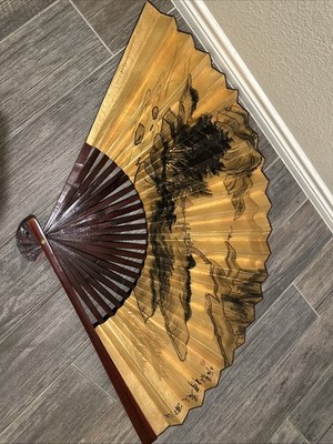 Beautiful Vintage Giant Asian Fan Hanging Wall Decor Hand Painted 50in Wx30in L