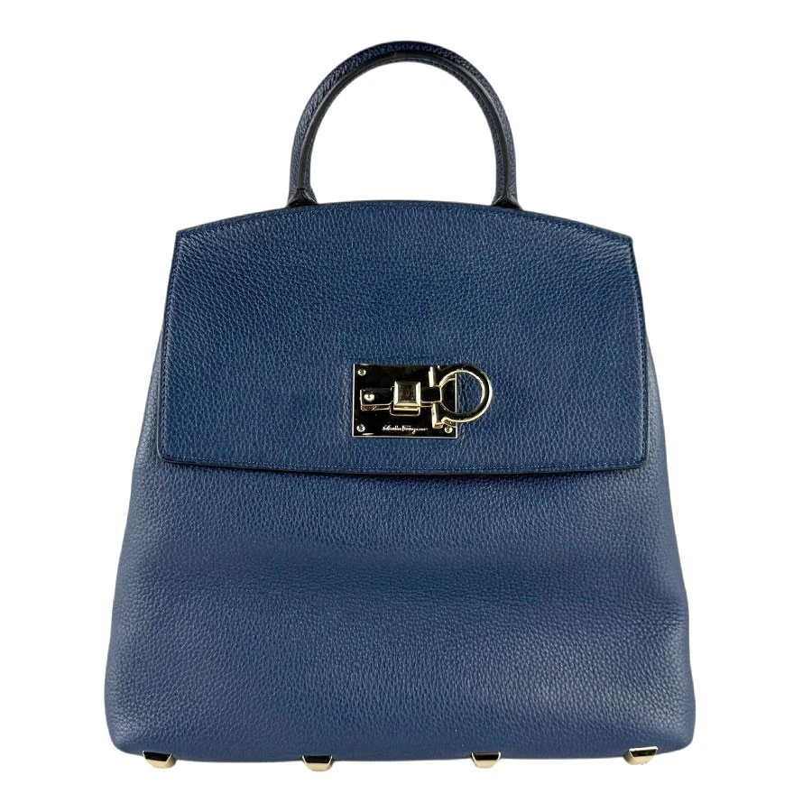 Ferragamo — Auth Salvatore Ferragamo Gancini Backpack Navy Leather/Goldtone - z8568