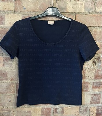 GF FERRE Sport Women s Top Size Large 34 Blue Cotton Repeat Logo Pattern