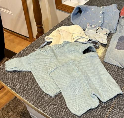 Vintage 1940s  Baby Boomer Era baby clothes.  Knitted Set, Bonnet & Booties.