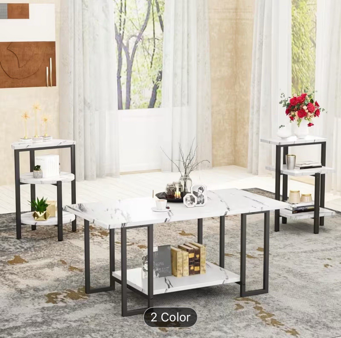Faux Marble Table Set of 3, Coffee Table & 2 End Side Table,Faux Marble Tabletop