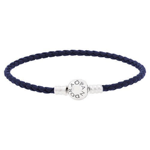 Pandora Moments Round Clasp Blue Braided Leather Bracelet