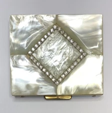 Vintage Rhinestone and Faux Mother of Pearl Powder Compact