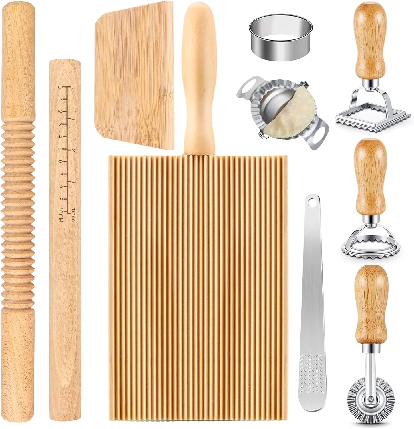 10 Pcs Pasta Making Tools Kit, Wooden Threaded Rolling Pin, Rolling Pin with Sca