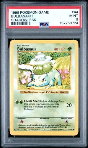 1999 POKEMON BASE SET SHADOWLESS #44 BULBASAUR PSA 9