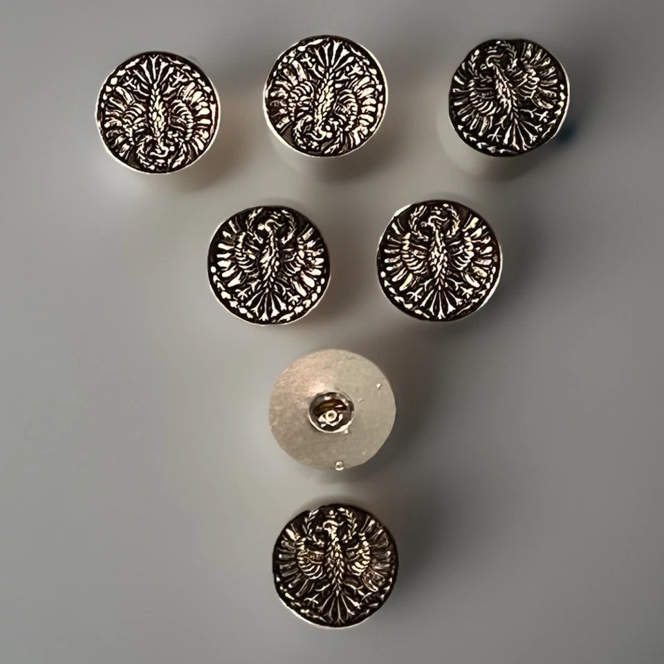 Vtg. Metal Buttons 3/4” Round Silver Color w/Design Phoenix Bird Rising Lot of7 - Image 4 of 4