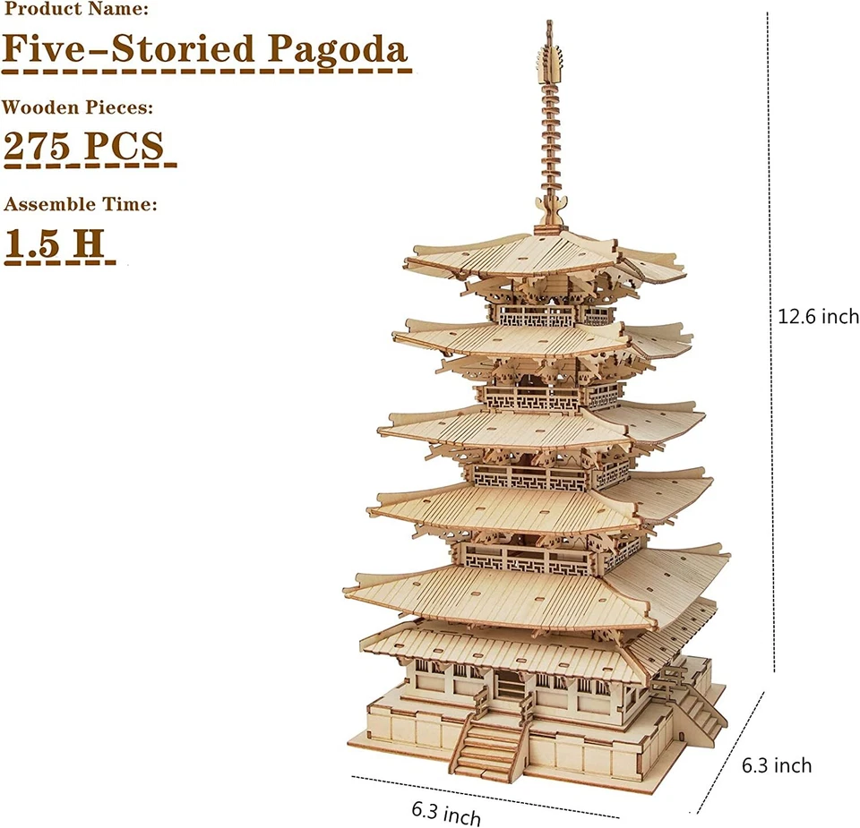Rompecabezas 3D ROKR construcción de madera adultos hágalo usted mismo kit modelo pagoda de cinco pisos decoración del hogar Foto 3 de 4