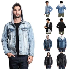 Victorious Men's Distressed with Removable Hoody  Wash Denim Jacket DK109 