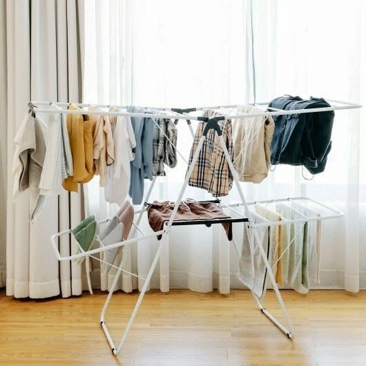 2-Level Foldable Clothes Drying with Height-Adjustable Gullwing