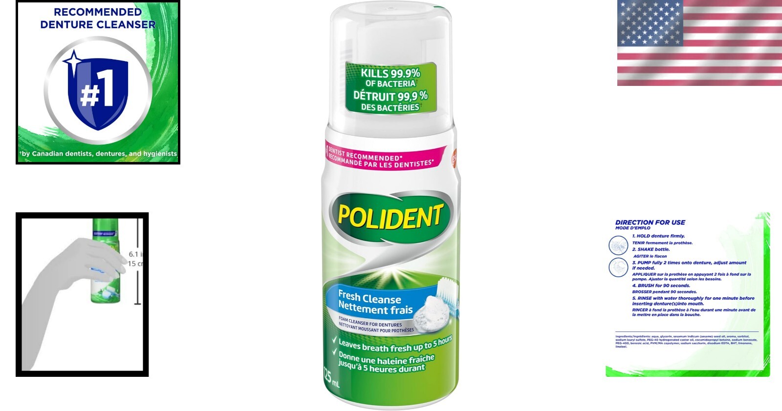 Refreshing Foam Denture Cleaner by Polident, 125ml - Freshens with Every Use
