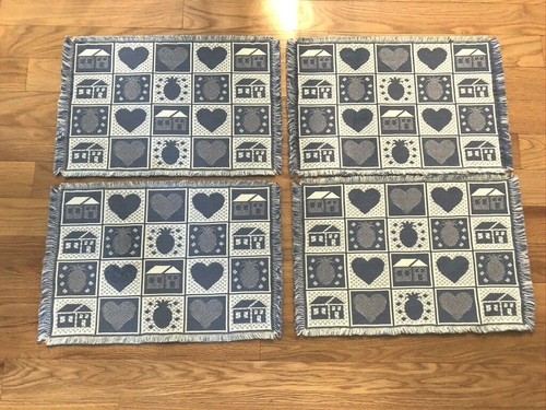 Tappetini da tavolo, blu con cuori e case, nuovi, un set di 4, 13 x 19 - Foto 2 di 5