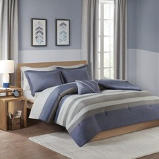 BEAUTIFUL MODERN GREY BLUE CASUAL GEOMETRIC STRIPE SOFT COMFORTER SET  SHEETS