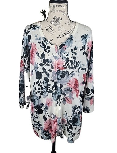 Cathy Daniels 1X Woman's Sweater Cardigan w/ Zip White w/ Pink & Blue Floral - 第 1/13 張圖片