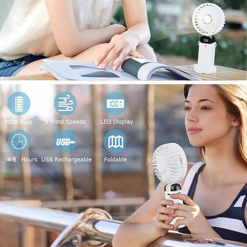 White Mini Hand Fan w/Digital Display,5 Levels,USB-C Rechargeable,Folds Flat - Picture 8 of 12
