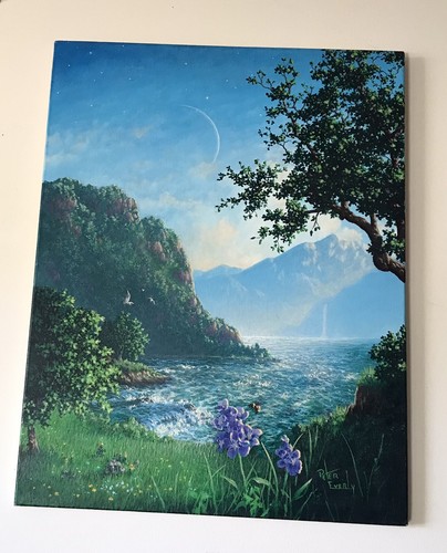 Original Oil Painting Signed Peter Everly Mystical Landscape Moon Bee Waterfall