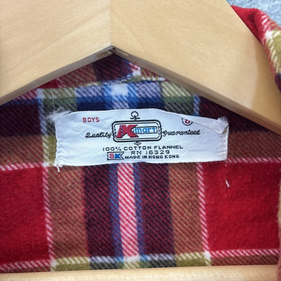 Bata vintage K-Mart roja a cuadros tartán niños 8 M jóvenes 100 % algodón franela bolsillos Foto 3 de 4