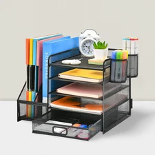 Desk Organizer with File Holder 5-Tier Tray Drawer Pen Holder for Office Black