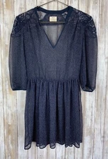 Pins and Needles Blue Black Print Sheer Lace Back 3/4 Sleeve Dress Tunic Top S