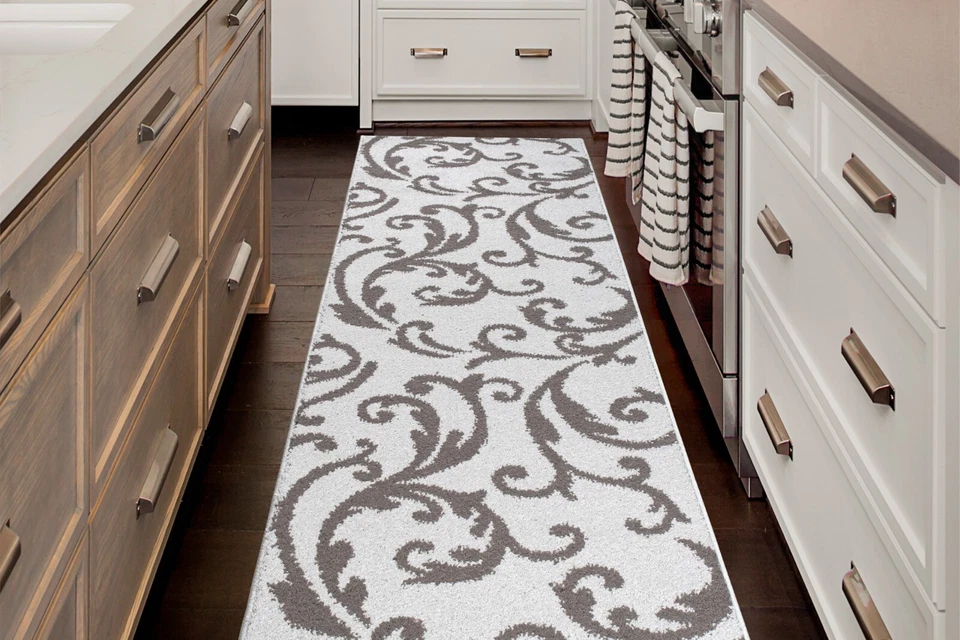 Custom Length Stair Hallway Carpet Runner Rug Non Slip Backing, Floral Silver - Image 3 of 4
