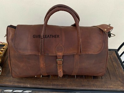 24''Leather Travel Bag Flap Duffle Men Vintage Holiday Luggage Overnight Weekend 