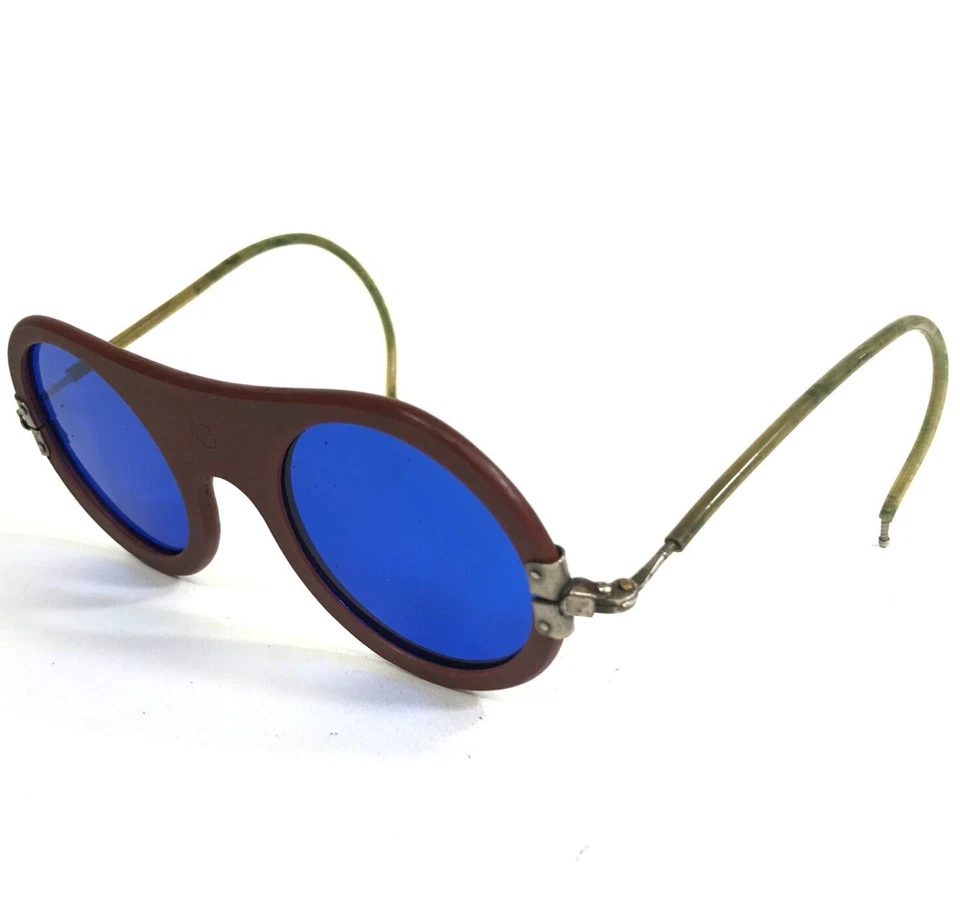 Óculos de sol óptico americano antigo marrom óculos de solda com vidro azul cobalto - Imagem 2 de 4