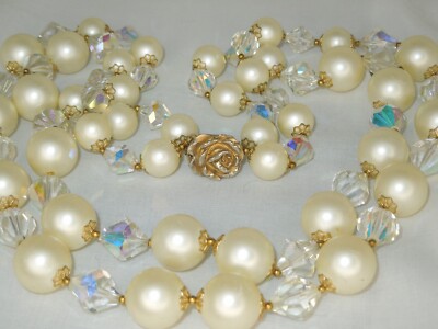Vintage 2 string bead & austrian crystals with rose shaped clasp 22''-23'' *Q