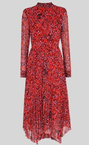 Whistles Red Jungle Cat Animal Leopard Print Pleated Midi Dress UK 8 / EU 36 - Bild 3 von 20