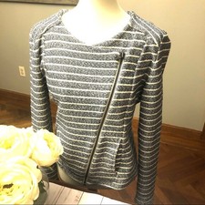 Lou & Grey Striped Gray Asymmetry Moto Womens Jacket/sweater Full Zip M Winter