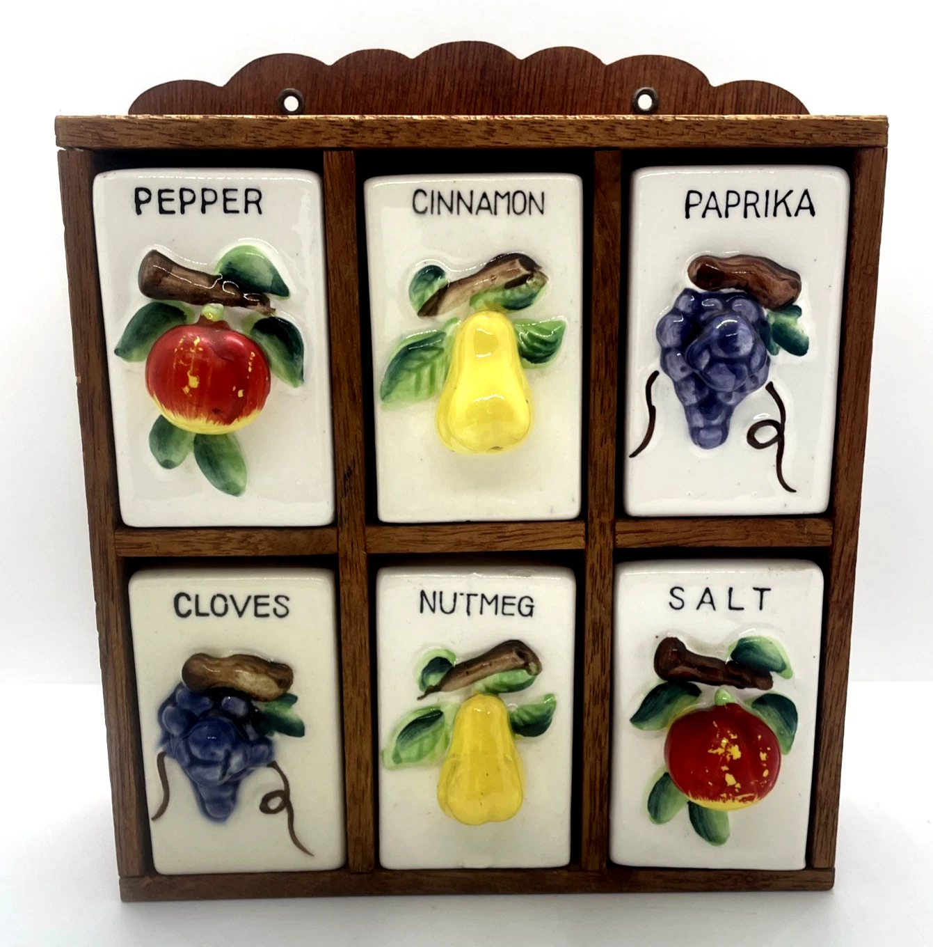 1950's Spice Rack Assorted Fruits Ceramic Jars Wood Rack Made in Japan
