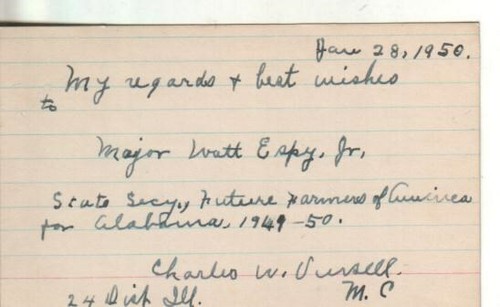 Carte index dédicacée Charles Vursell 1950 à M. Watt Espy Illinois D.74