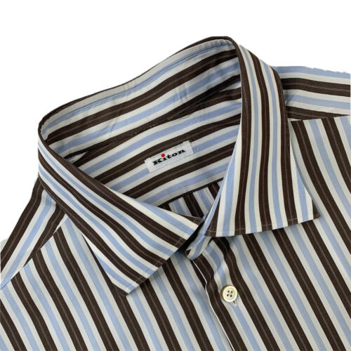 Mens 18.5 Kiton Brown / Blue Stripe French Cuff Cotton Dress Shirt - Picture 1 of 10