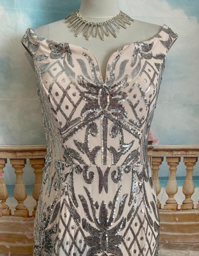NEW Dress 12 Blush Silver Sequin Quiz Bardot Fishtail Ballgown Evening Stretch - Picture 3 of 9