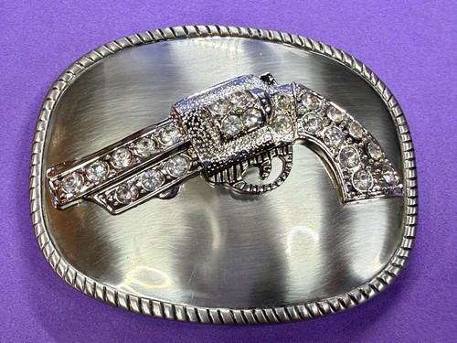 Jeweled Gun Pistol Revolver Rhinestone Accented Silver Color Oval Belt Buckle - 第 20/22 張圖片