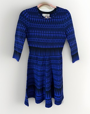 Hobbs London Knit Dress Blue Black Geometric Intarsia Fit Flare 3/4 Sleeve US 2