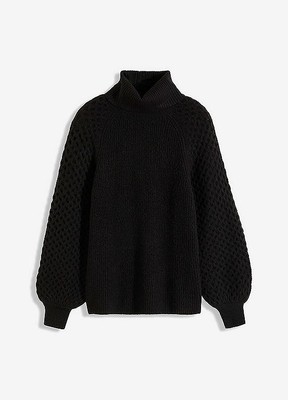 Trendiger Grobstrick-Pullover mit hohem Kragen Gr. 44/46 Schwarz Damen-Pulli Neu