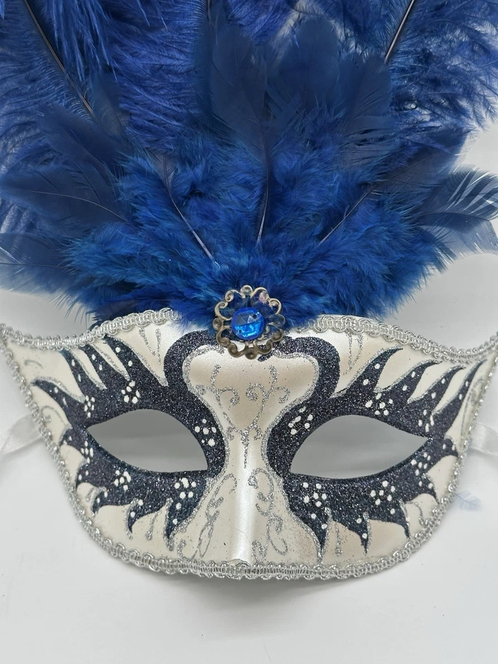 Blue & Silver Venetian Masquerade Mask With Blue Feathers  - Image 4 of 4