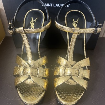 Saint Laurent YSL Tribute gold Snakeskin Platform Sandal Pumps