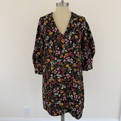 Zara Basics Floral V-Neck Long Sleeve A-Line Mini Dress Multicolor Size Medium
