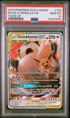 Pokémon TCG Eevee & Snorlax GX Sun Moon Tag Team Card 120/181 PSA 10 Gem MT